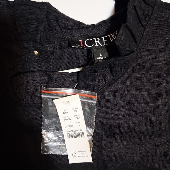 J. Crew 100% Linen NWT Black Ruffle Neck Blouse Sleeveless Button-back Size L - Picture 4 of 11